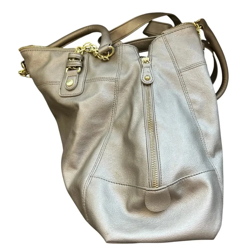 Steve Madden Metallic Taupe Tote with Chain-Accent Handles hand bag neutral
